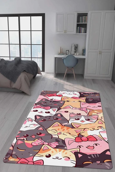 Kaymaz Taban Makinada Yıkanabilir Dijital Baskı Kediler Desenli Genç Odası Halısı Dot Taban Halı GNC51 RENKLİ 80 X 300