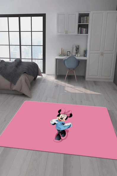 Kaymaz Taban Makinada Yıkanabilir Dijital Baskı Minnie Mouse Desenli Genç Odası Halısı Dot Taban Halı GNC26 RENKLİ 80 X 300