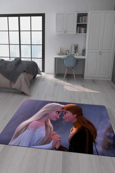 Kaymaz Taban Makinada Yıkanabilir Dijital Baskı Elsa ve Anna Desenli Genç Odası Halısı Dot Taban Halı GNC54 RENKLİ 140 X 200