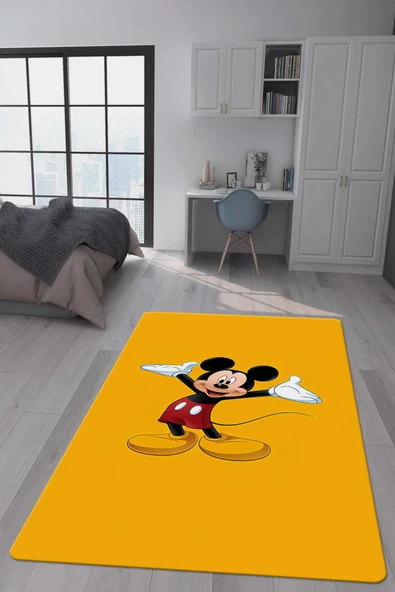 Kaymaz Taban Makinada Yıkanabilir Dijital Baskı Mickey Mouse Desenli Genç Odası Halısı Dot Taban Halı GNC46 RENKLİ 100 X 300