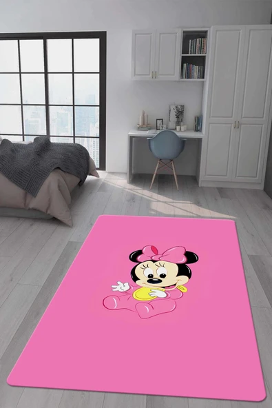 Kaymaz Taban Makinada Yıkanabilir Dijital Baskı Minnie Mouse Desenli Genç Odası Halısı Dot Taban Halı GNC45 RENKLİ 160 X 230