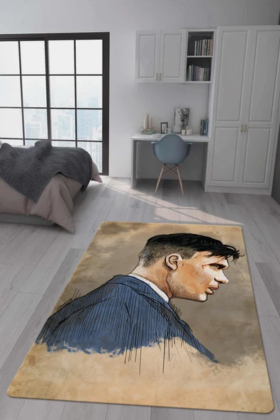Kaymaz Taban Makinada Yıkanabilir Dijital Baskı Thomas Shelby Desenli Genç Odası Halısı Dot Taban Halı GNC37 RENKLİ 80 X 200