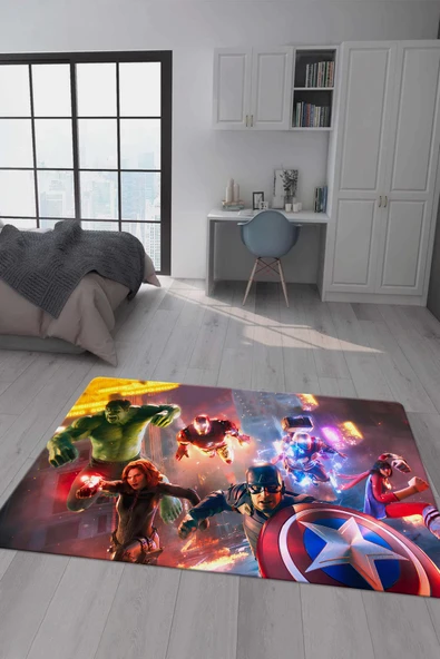 Kaymaz Taban Makinada Yıkanabilir Dijital Baskı Marvel Avenger Desenli Genç Odası Halısı Dot Taban Halı GNC55 RENKLİ 100 X 300