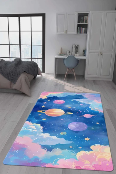 Kaymaz Taban Makinada Yıkanabilir Dijital Baskı Pembe Uzay Desenli Genç Odası Halısı Dot Taban Halı GNC49 RENKLİ 80 X 150