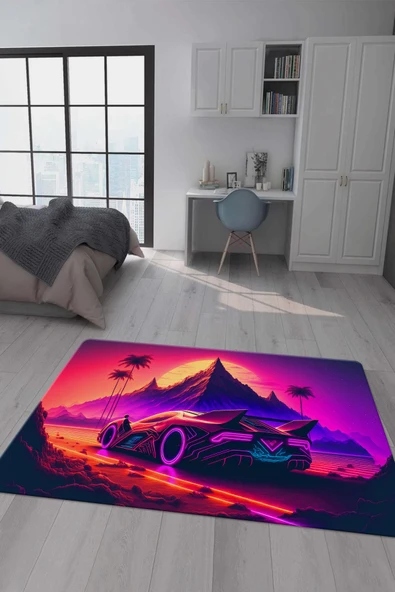 Kaymaz Taban Makinada Yıkanabilir Dijital Baskı Araba Desenli Genç Odası Halısı Dot Taban Halı GNC31 RENKLİ 180 X 280