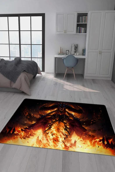 Kaymaz Taban Makinada Yıkanabilir Dijital Baskı Diablo Desenli Genç Odası Halısı Dot Taban Halı GNC56 RENKLİ 80 X 150