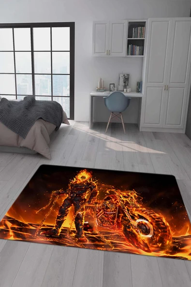 Kaymaz Taban Makinada Yıkanabilir Dijital Baskı Ghost Rider Desenli Genç Odası Halısı Dot Taban Halı GNC61 RENKLİ 200 X 300