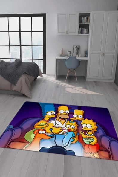 Kaymaz Taban Makinada Yıkanabilir Dijital Baskı Simpsons Desenli Genç Odası Halısı Dot Taban Halı GNC62 RENKLİ 80 X 150