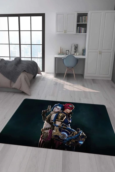 Kaymaz Taban Makinada Yıkanabilir Dijital Baskı Arcane Jinx ve Vi Desenli Çocuk Odası Halısı Dot Taban Halı ARC17 RENKLİ 80 X 150