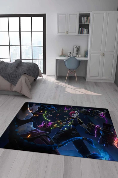Kaymaz Taban Makinada Yıkanabilir Dijital Baskı Arcane Jinx ve Vi Desenli Çocuk Odası Halısı Dot Taban Halı ARC16 RENKLİ 200 X 300