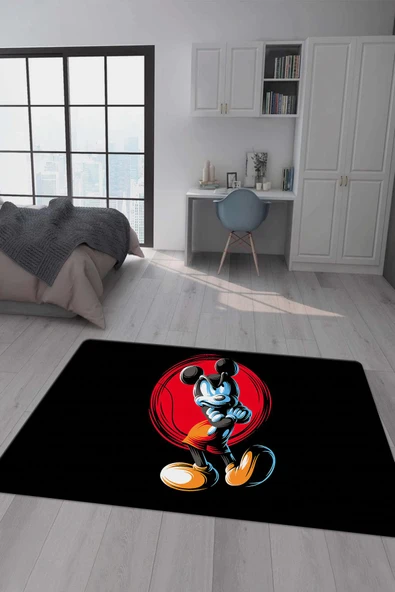 Kaymaz Taban Makinada Yıkanabilir Dijital Baskı Mickey Mouse Desenli Genç Odası Halısı Dot Taban Halı GNC63 RENKLİ 100 X 200