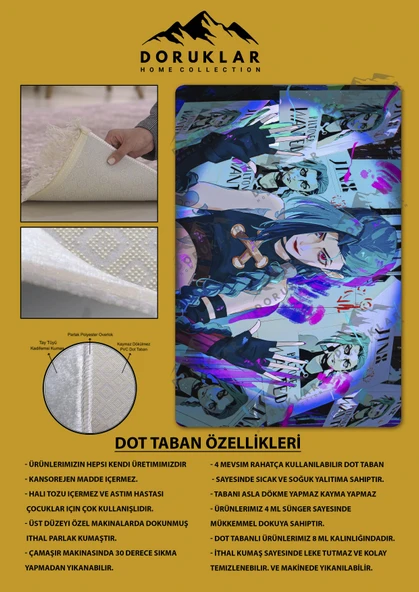 Kaymaz Taban Makinada Yıkanabilir Dijital Baskı Arcane Jinx Desenli Çocuk Odası Halısı Dot Taban Halı ARC23 RENKLİ 80 X 200 - 2