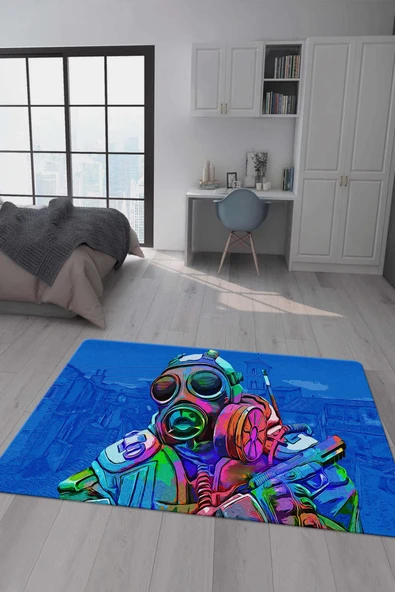 Kaymaz Taban Makinada Yıkanabilir Dijital Baskı CS GO Desenli Çocuk Odası Halısı Dot Taban Halı RHR09 RENKLİ 160 X 230