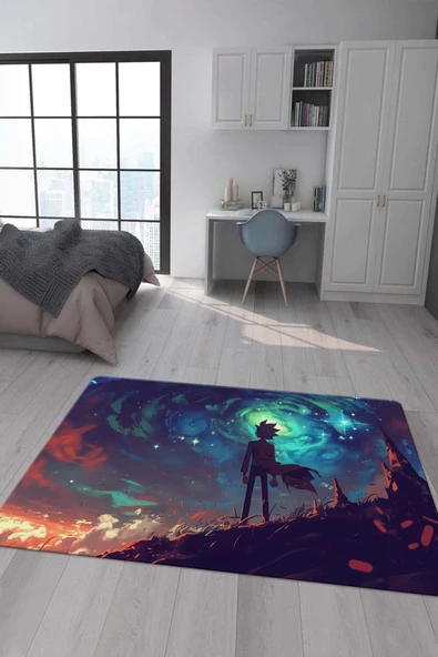Kaymaz Taban Makinada Yıkanabilir Dijital Baskı Rick and Morty Desenli Çocuk Odası Halısı Dot Taban Halı RM10 RENKLİ 120 X 180
