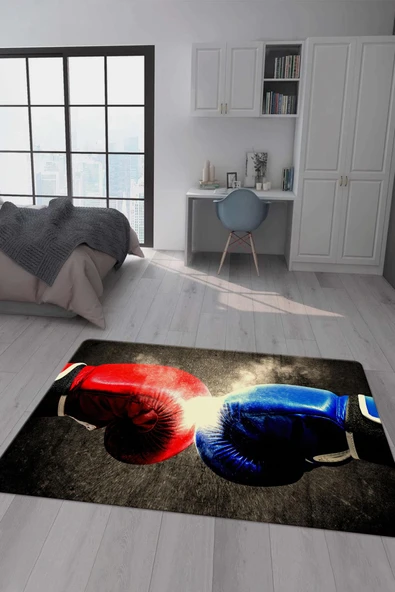 Kaymaz Taban Makinada Yıkanabilir Dijital Baskı Boks Eldiveni Desenli Çocuk Odası Halısı Dot Taban Halı RHR06 RENKLİ 80 X 200