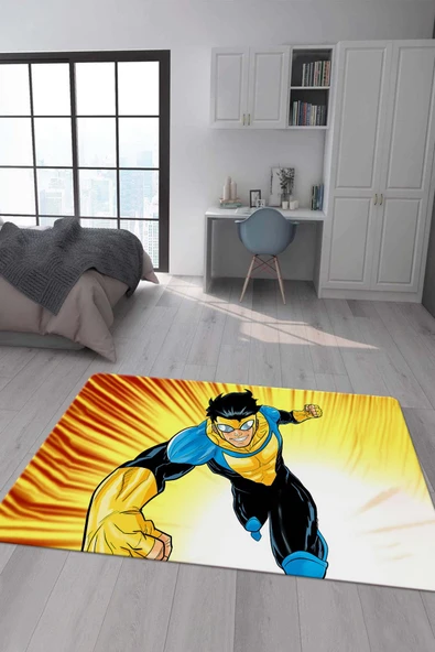 Kaymaz Taban Makinada Yıkanabilir Dijital Baskı Invincible Desenli Çocuk Odası Halısı Dot Taban Halı IC02 RENKLİ 160 X 230