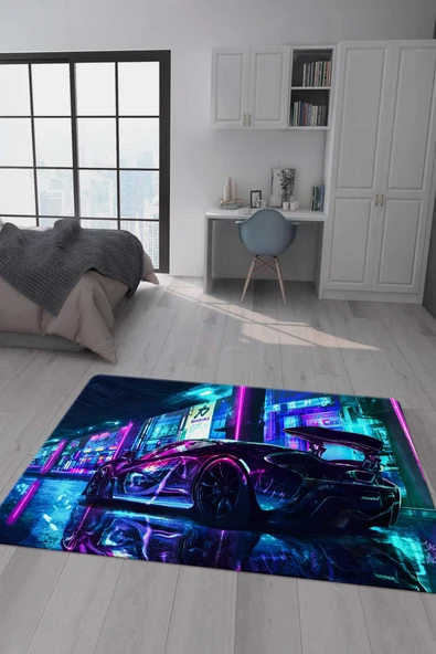 Kaymaz Taban Makinada Yıkanabilir Dijital Baskı Cyperpunk Desenli Çocuk Odası Halısı Dot Taban Halı RHR11 RENKLİ 180 X 280