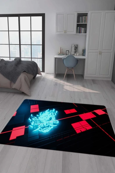 Kaymaz Taban Makinada Yıkanabilir Dijital Baskı Cyperpunk Desenli Çocuk Odası Halısı Dot Taban Halı RHR13 RENKLİ 100 X 200