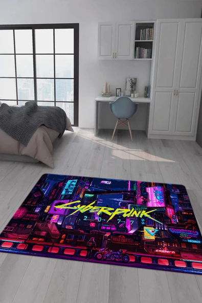 Kaymaz Taban Makinada Yıkanabilir Dijital Baskı Cyperpunk Desenli Çocuk Odası Halısı Dot Taban Halı RHR10 RENKLİ 160 X 230