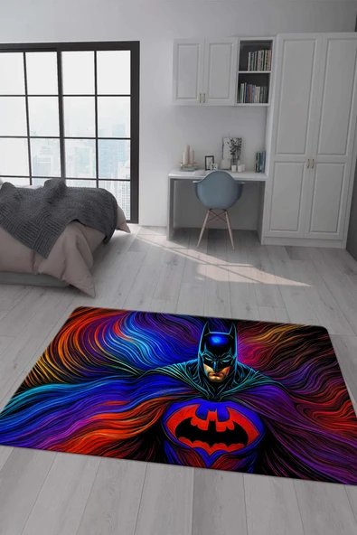 Kaymaz Taban Makinada Yıkanabilir Dijital Baskı Batman Desenli Çocuk Odası Halısı Dot Taban Halı RHR02 RENKLİ 120 X 180