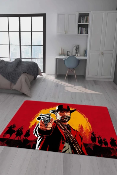 Kaymaz Taban Makinada Yıkanabilir Dijital Baskı RDR2 Desenli Çocuk Odası Halısı Dot Taban Halı BRK10 RENKLİ 200 X 300