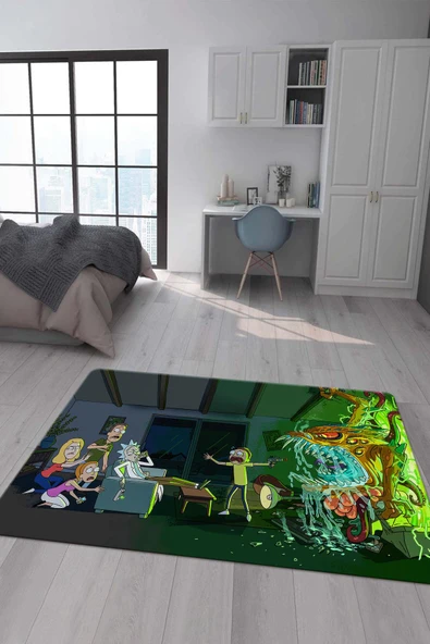 Kaymaz Taban Makinada Yıkanabilir Dijital Baskı Rick and Morty Desenli Çocuk Odası Halısı Dot Taban Halı RM04 RENKLİ 100 X 300