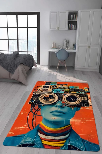 Kaymaz Taban Makinada Yıkanabilir Dijital Baskı Retro Desenli Çocuk Genç Odası Halısı Dot Taban Halı RTR29 RENKLİ 160 X 230