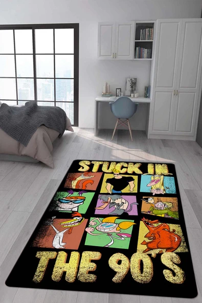 Kaymaz Taban Makinada Yıkanabilir Dijital Baskı Retro Desenli Çocuk Genç Odası Halısı Dot Taban Halı RTR25 RENKLİ 160 X 230