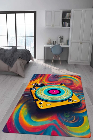 Kaymaz Taban Makinada Yıkanabilir Dijital Baskı Retro Desenli Çocuk Genç Odası Halısı Dot Taban Halı RTR05 RENKLİ 80 X 200