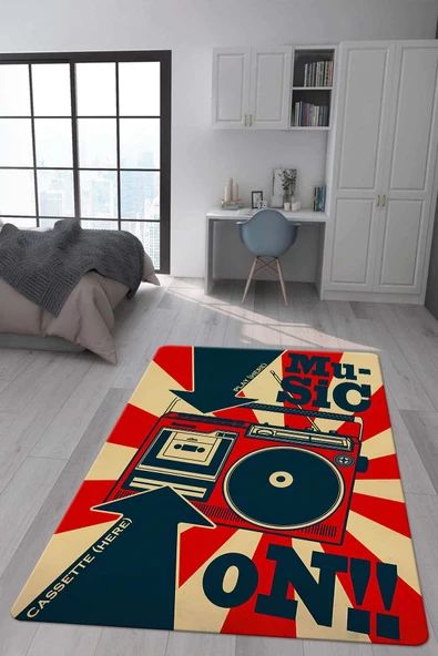 Kaymaz Taban Makinada Yıkanabilir Dijital Baskı Retro Desenli Çocuk Genç Odası Halısı Dot Taban Halı RTR17 RENKLİ 100 X 200