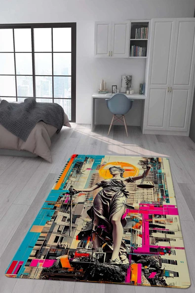 Kaymaz Taban Makinada Yıkanabilir Dijital Baskı Retro Desenli Çocuk Genç Odası Halısı Dot Taban Halı RTR10 RENKLİ 160 X 230