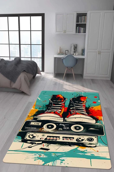 Kaymaz Taban Makinada Yıkanabilir Dijital Baskı Retro Desenli Çocuk Genç Odası Halısı Dot Taban Halı RTR22 RENKLİ 140 X 200