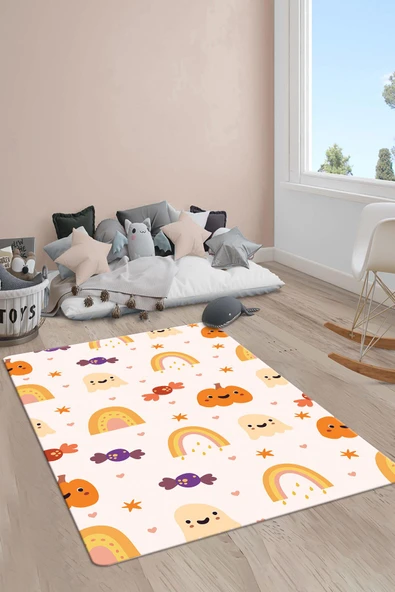 Kaymaz Taban Makinada Yıkanabilir Dijital Baskı Gökkuşağı Desenli Çocuk Odası Halısı Dot Taban Halı RB02 RENKLİ 180 X 280