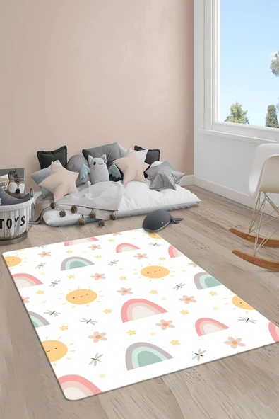 Kaymaz Taban Makinada Yıkanabilir Dijital Baskı Gökkuşağı Desenli Çocuk Odası Halısı Dot Taban Halı RB04 RENKLİ 120 X 180
