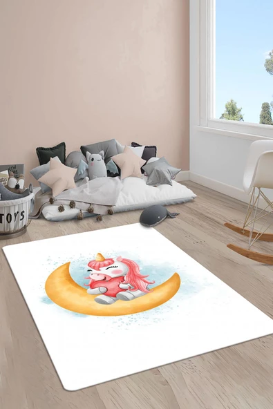 Kaymaz Taban Makinada Yıkanabilir Dijital Baskı Unicorn Desenli Çocuk Odası Halısı Dot Taban Halı RB08 RENKLİ 100 X 300
