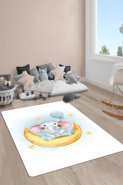 Kaymaz Taban Makinada Yıkanabilir Dijital Baskı Fil Desenli Çocuk Odası Halısı Dot Taban Halı RB10 RENKLİ 140 X 200