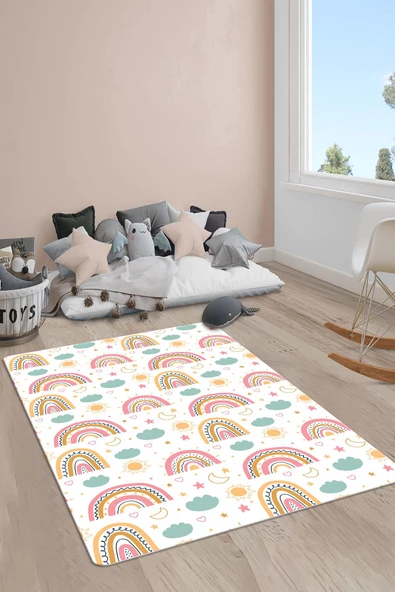 Kaymaz Taban Makinada Yıkanabilir Dijital Baskı Gökkuşağı Desenli Çocuk Odası Halısı Dot Taban Halı RB06 RENKLİ 80 X 200