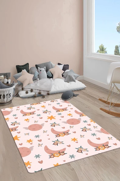 Kaymaz Taban Makinada Yıkanabilir Dijital Baskı Ay Desenli Çocuk Odası Halısı Dot Taban Halı RB07 RENKLİ 120 X 180
