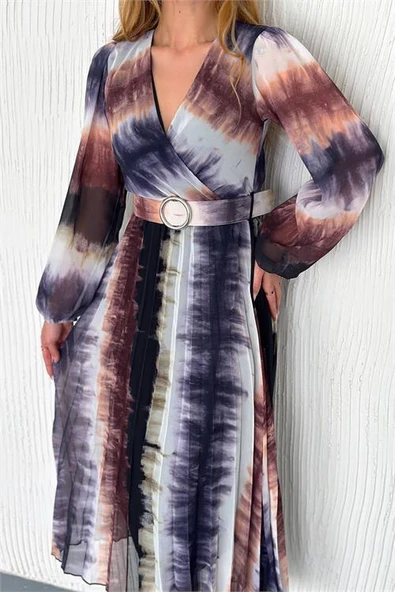 Dipmoda kadın kemerli piliseli midi boy şifon elbise DPK30293