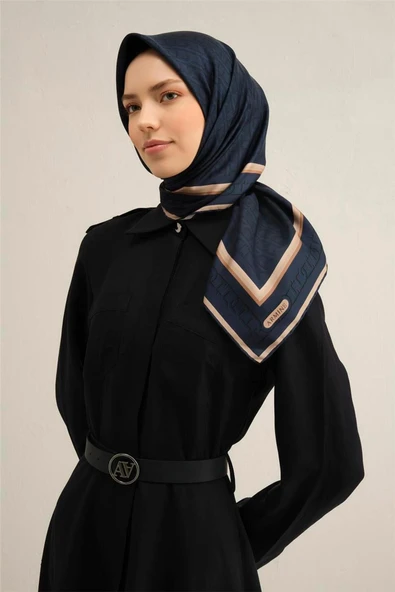 Desenli Saf Ipek Sura Eşarp 9301- 52 Lacivert