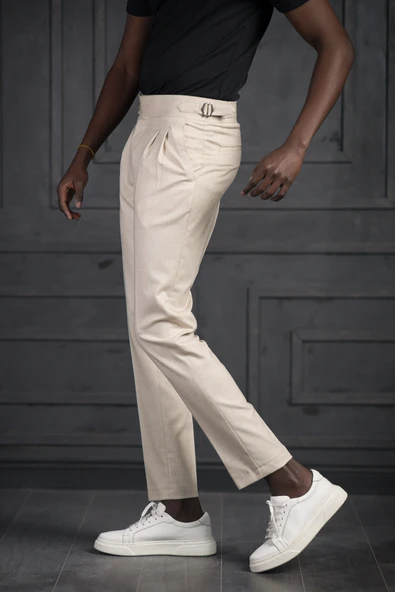 Perpant Slimfit Çift Pileli Kemer Tokalı Yazlık Kumaş Pantolon - Resim 3