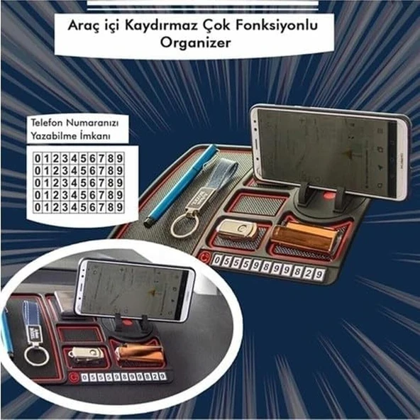 Kaydırmaz Çok Fonksiyonlu Araç İçi Telefon Tutucu - Numaratörlü, 24x18 cm, Pratik ve Güvenli - 4