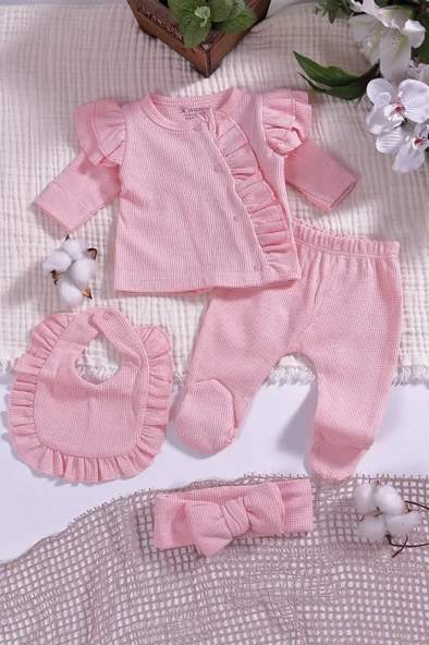 Omuzdan Fırfır Detaylı 5 Parça %100 Pamuk Kız Hastane Çıkışı - Resim 8