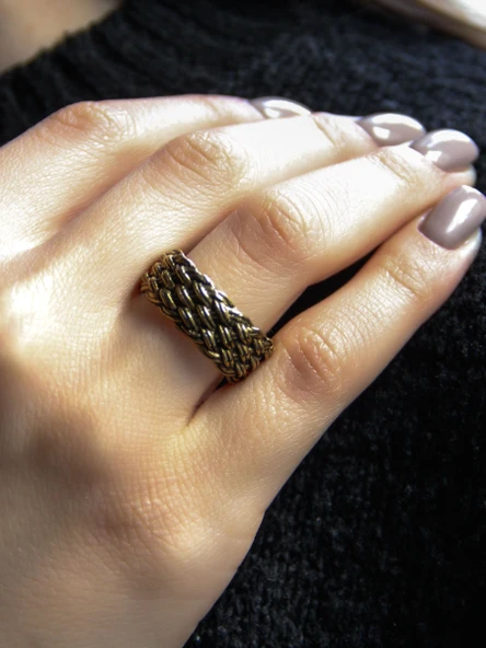 Trend Hasır Örme Desenli Antik Ayarlanabilir Kadın Vintage Yüzük euy1275 - Resim 2