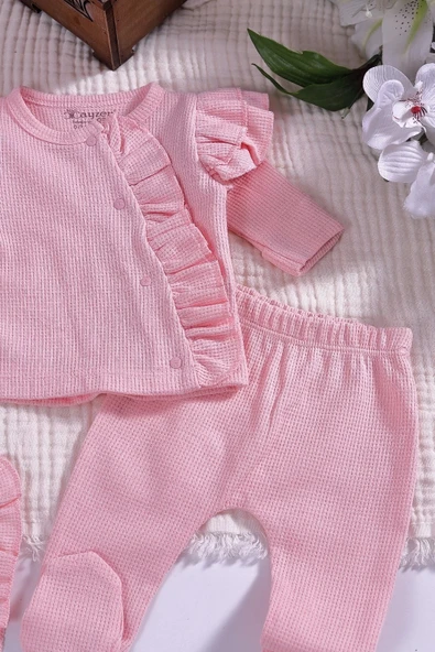 Omuzdan Fırfır Detaylı 5 Parça %100 Pamuk Kız Hastane Çıkışı - Resim 3