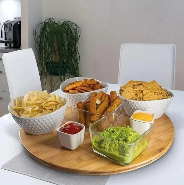 Busstier Bambu 360° Dönen Lüx Servis ve Sunum Tabağı - 30 cm Pizza ve Meze Tabağı - Resim 6