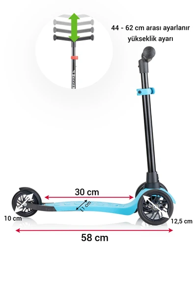 Wellgro Turbo 3 Tekerli Yükseklik Ayarlı Scooter, Mavi - 2