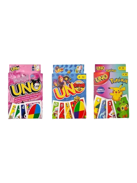 Kuromi Uno + Brawl Stars Uno + Pokemon Uno Oyun Kartları - 3 lü Set