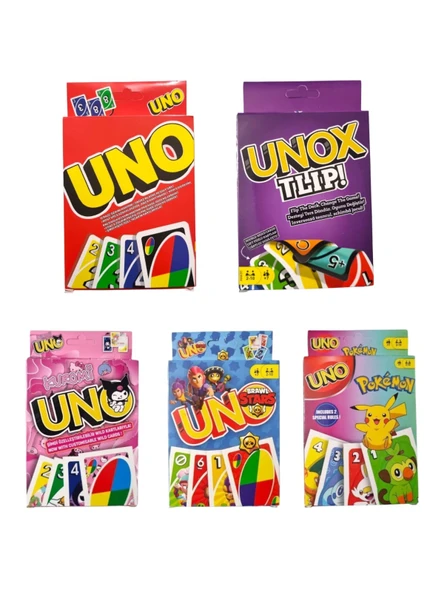 Uno + Unox Tlip + Kuromi Uno + Pokemon Uno + Brawl Stars Uno Oyun Kartları - 5 li Set