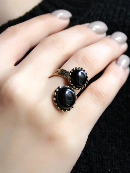 Doğal Taş İkili Oniks Doğal Taşlı Ayarlanabilir Kadın Yüzük euy56o - Resim 2